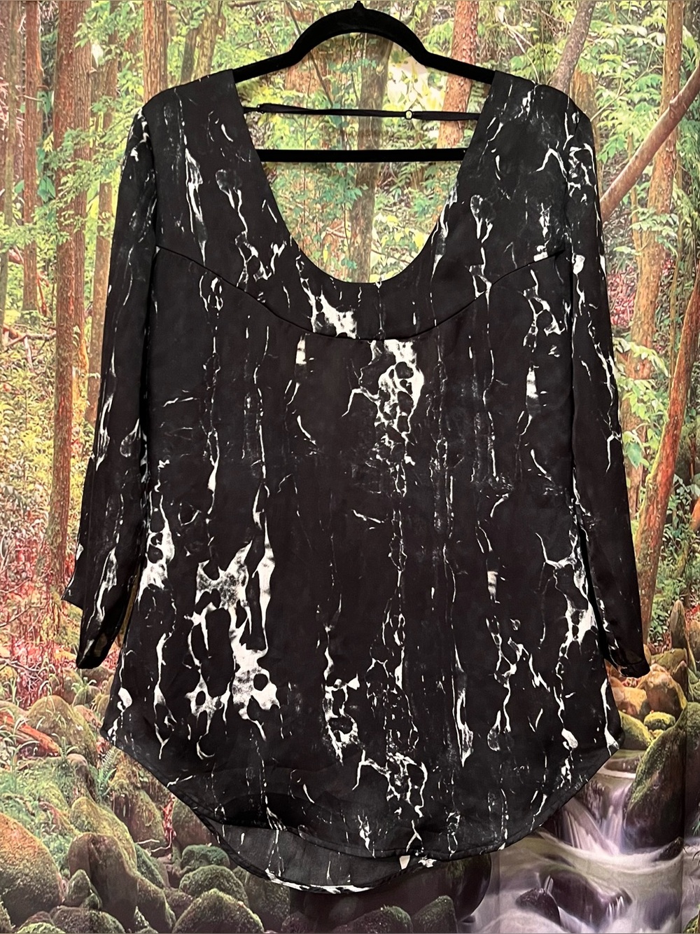 Diesel Women's Black White Satin Abstract Marble Print Low Back Blouse